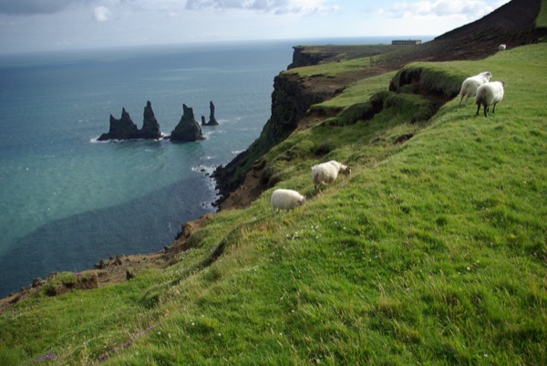 Reynisdrangar : selon la légende, un trois-mâts que deux trolls auraient échoué à traîner jusqu'au rivage, changé en pierre au lever du soleil.