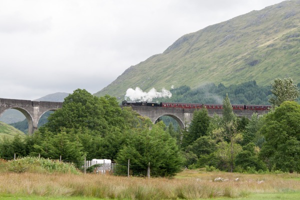 Le Jacobite steam train, connu pour avoir interprété le Poudard Express dans les films Harry Potter, traverse le viaduct deux fois par jour.