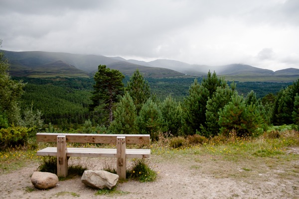 Le chemin de randonnée monte du Loch Morlich jusqu'au sommet d'une colline, avant de redescendre dans la vallée pour atteindre le An Lochan Uaine.
